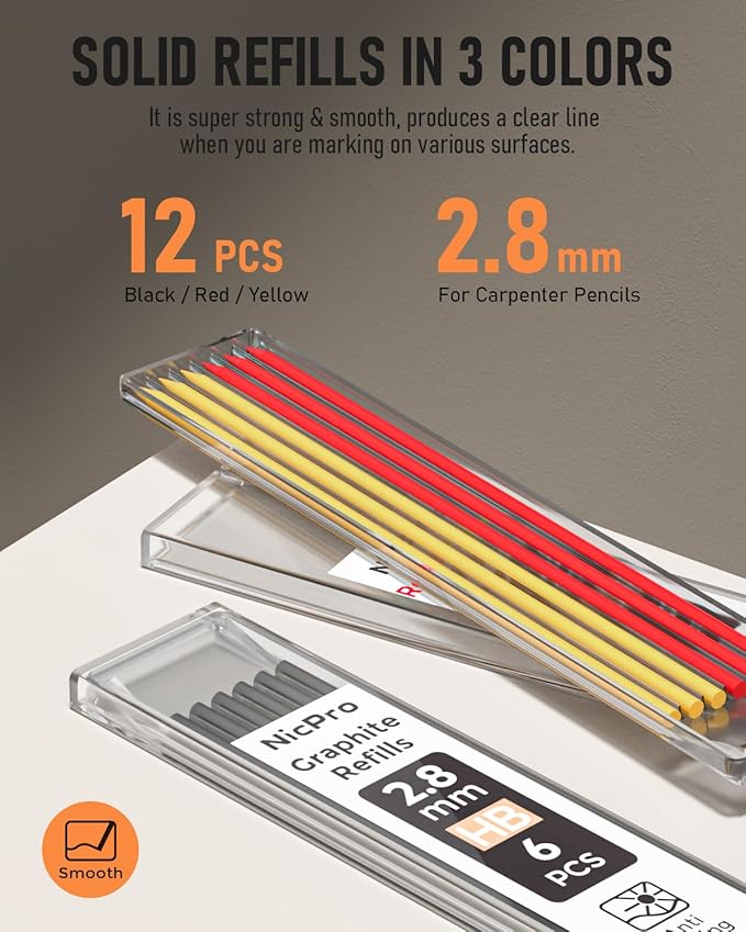 Nicpro Upgraded 3-IN-1 Carpenter Pencils Set with Finger Grip, 1Pcs Construction Pencil with 13 Refill & Mini Spirit Level, Deep Hole Marker Carpenter Tool, Mechanical Pencil for Architect Woodworking