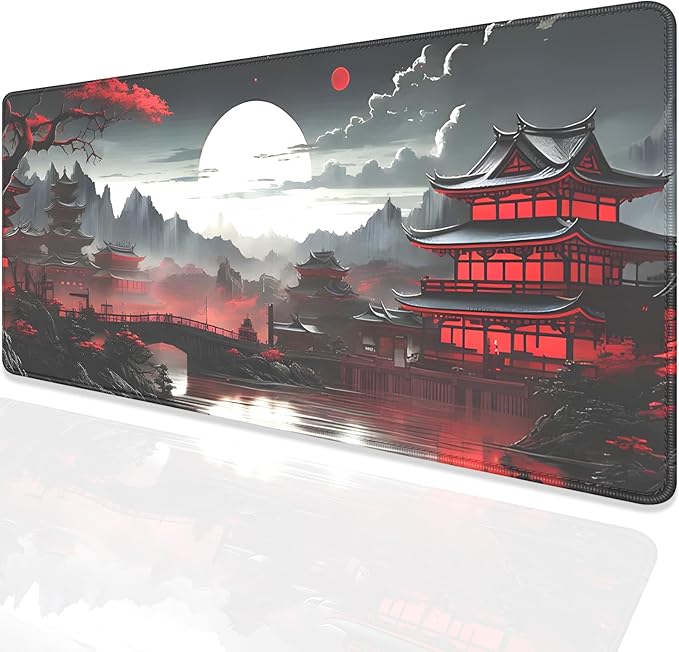 Japanese Riverside Full Moon Desk Pad Mouse Pad,Extended Large Gaming Mouse Mat with Stitched Edges,Non-Slip Waterproof Rubber Base Mousepad for Office Work Home Desk Mat(27.5X11.8 in)