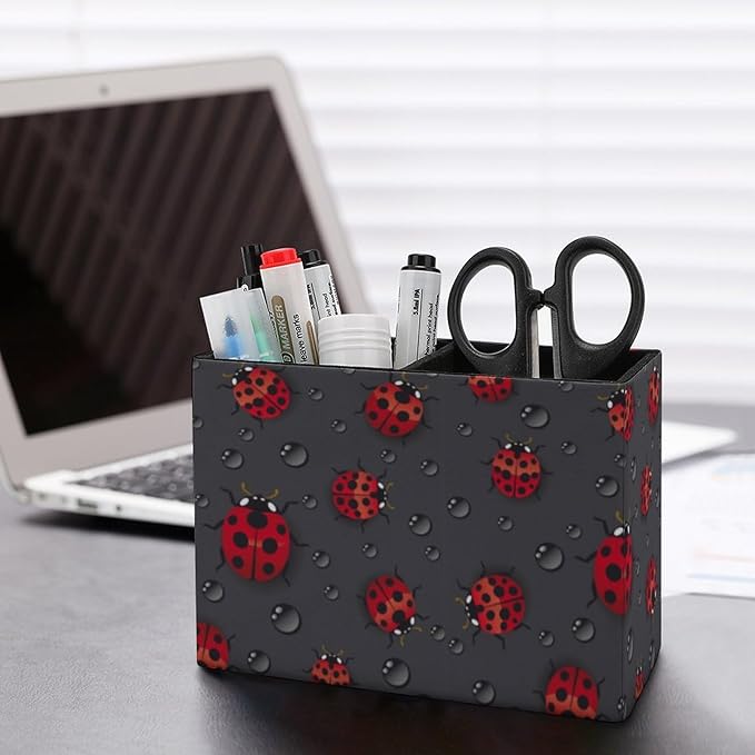 Pen Holder, Pencil Holder for Desk Organizer, Red Ladybugs Waterdrop PU Leather Pencil Cups Desktop Stationery Storage Makeup Brush Holder Pen Organizer for Office Home