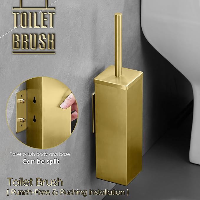 JOVYXIE Brushed Gold Stainless Steel Square Toilet Brush with Metal Lid Dual-Use Toilet Brush Holder with Drilled + Drill-Free Hook Base Includes Removable Inner Bucket (Brushed Gold)