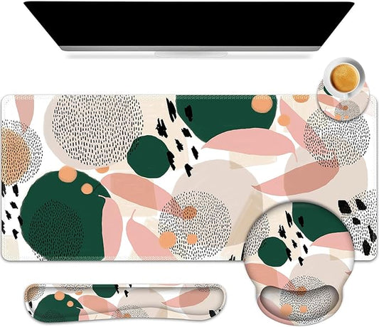 ARTSO Desk Mat, Large Gaming Mouse Pad Wrist Support Set, Ergonomic Keyboard Wrist Rest Desk Pad with Coaster Combo, Extended Mousepad with Non-Slip for Home Office, Abstract Point