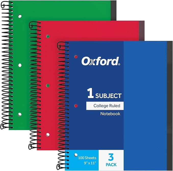 Oxford Spiral Notebook 3 Pack, 1 Subject, College Rule Journal, Durable Plastic Covers, 1 Pocket, 8.5 x 11 inch, 100 Sheets, Blue, Red, Green, 3 Pack (89801)