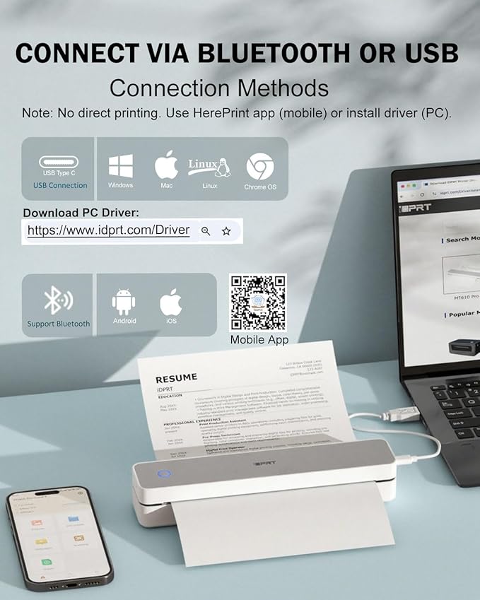 Inkless Portable Printer for Travel, 300DPI Wireless Thermal Printer Support 8.5" x 11" US Letter, A4, MT610Pro Small Bluetooth Printers Compatible with iOS, Android Laptop for Home Office Car, Grey