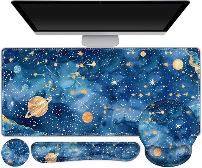 ARTSO Large Mouse Pad and Keyboard Wrist Rest, Ergonomic Mouse Pad with Wrist Support, Non-Slip Desk Mat Protector for Office, Home -Blue Planet Galaxy