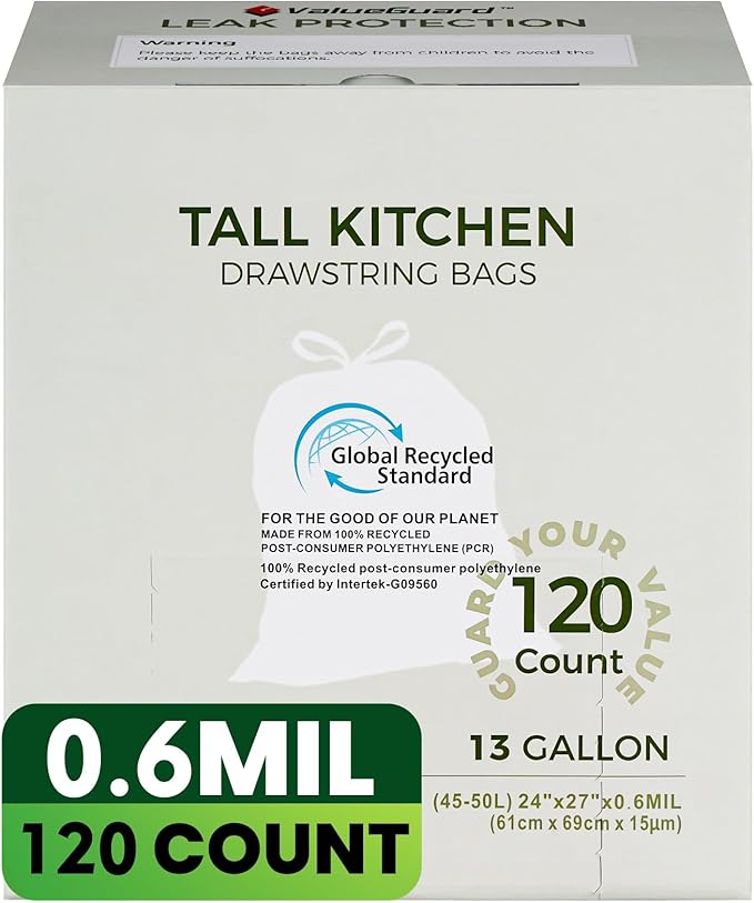 Large Trash Bag 13 Gallon Tall Drawstring 100% Post-Consumer Recycled Garbage Bag Waste Bag for Kitchen Office