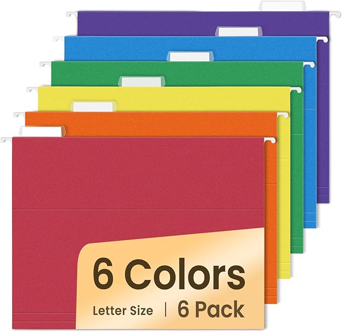 SUNEE Hanging File Folders, 6 Pack Letter Size Hanging File Folders with 1/5-Cut Tabs, Ideal for Home and Office Organization and Papers Classification,Assorted Colors