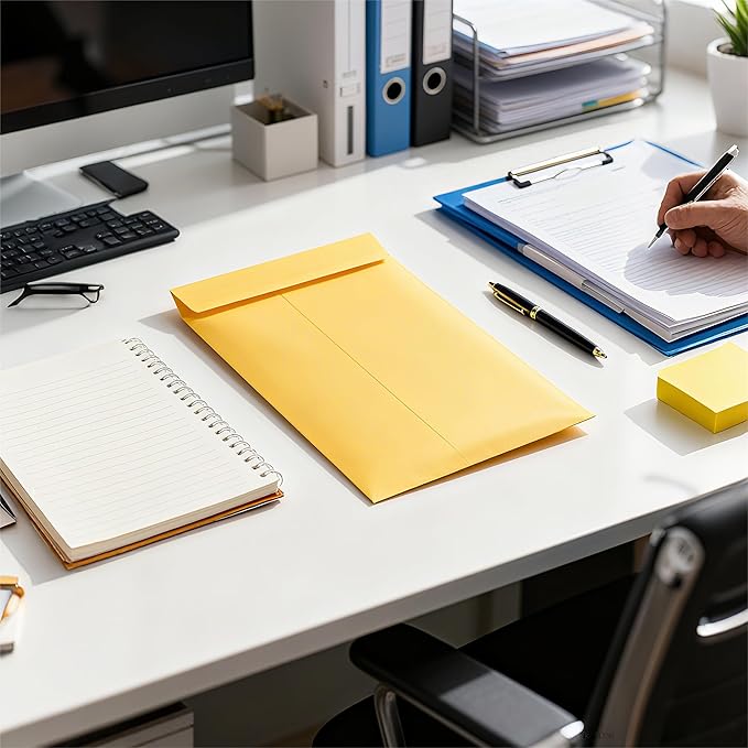 10x13 manila envelopes, Catalog Envelopes - 28lb Brown Kraft Paper with Self-Seal Closure | Ideal for Mailing Flat Letter-Size Documents & Photos (Yellow, 100PCS)