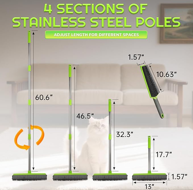 PuraKleen Carpet Rake for Pet Hair Removal with 61" Long Handle, 2 Microfiber Clothes, Squeegee & Pet Silicone Brush,4 in 1 Green Multi-Surface Hair Remover for Rugs,Carpets,Floors, Tiles, Couches