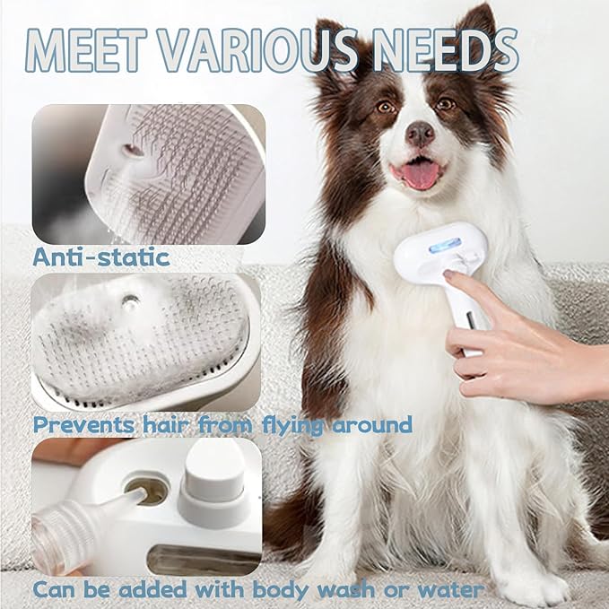 Fresh Fur Shower Brush, 3 In 1 Self Cleaning Pet Spray Hair Removal Comb, Pet Steamy Shower Brush + Bathing Solution, Removes Loose Hair & Reduces Shedding, for Long & Short Haired Pets (White)