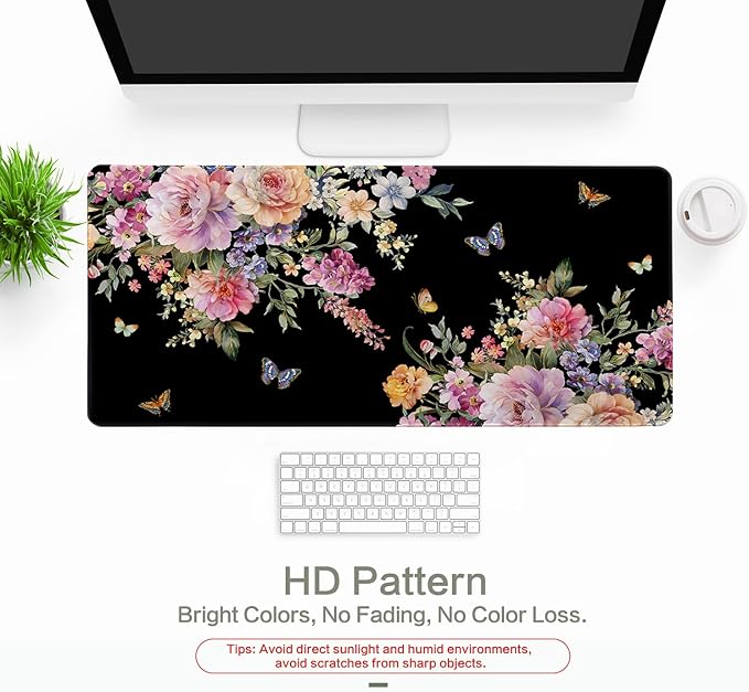 Desk Mat Mouse Pad Butterfly Flower, 35.4x15.7 in Pink Floral XXXL Extended Large Gaming Desk Pad Mousepad, Waterproof Black Computer Laptop Keyboard Mat for Women Girls Work, Game, Office, Home