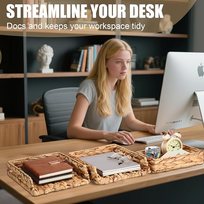 Geelin 3 Pack Woven Water Hyacinth Stackable Desk Organizer Letter Tray, Tabletop Desk Basket for Storage Paper Letter Folders Notebooks Copy Print, Workspace Holder, Keep Stationery Saver