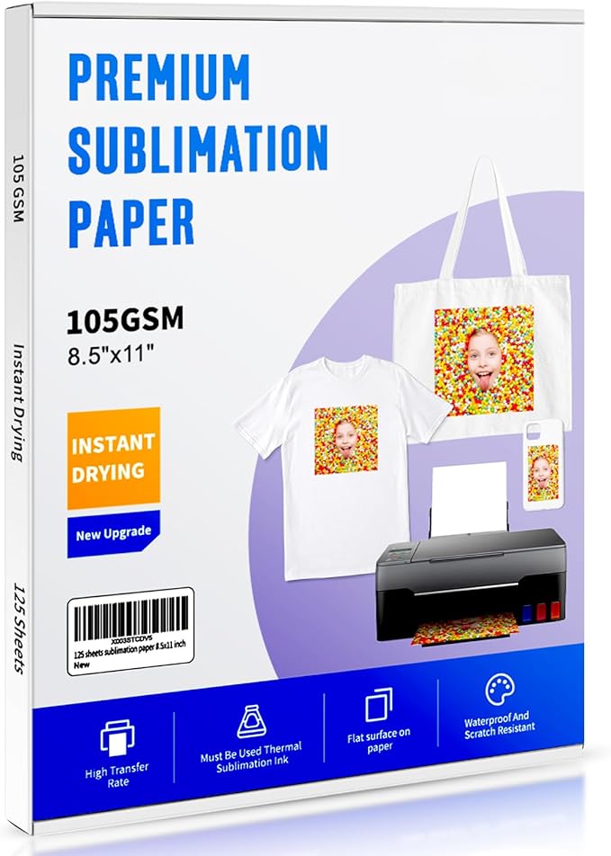 Sublimation Paper 8.5 x 11 inches - 125 Sheets 105gsm Compatible with Any Inkjet Printer For DIY Unique Holiday Birthdays Gifts