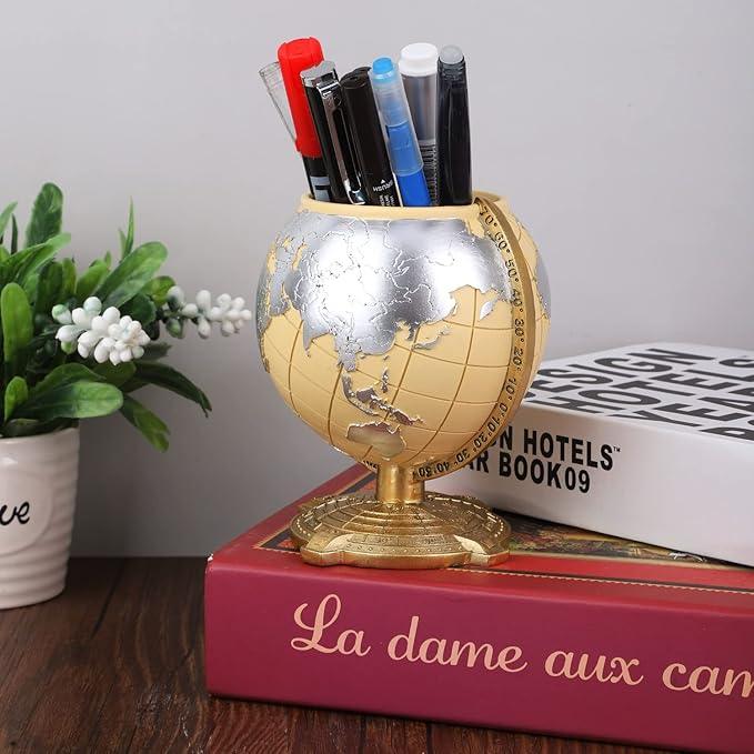Globe Pen Holder Desk Decor Organizer Cute Cool Fun Vintage Pencil Cups Gifts for Teacher Kids Men Desk Accessories for Office Home School (Light Yellow)