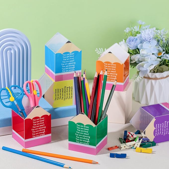 Sherr 6 Pcs Pencil Shaped Pen Holders, Acrylic Pencil Organizer Cups, Cute Creative Stationery Storage, Appreciation Gifts for Teacher Student School Classroom Office Home Desktop Supplies (Positive)