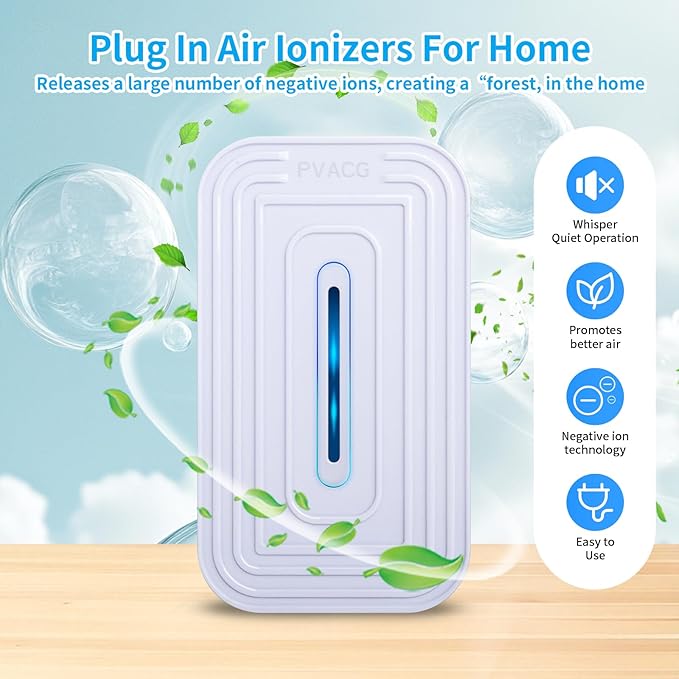 2 Pack 8-Emitter Negative Ion Air Purifier, Plug in Ionic Air Cleaner with Blue Light Quiet and Energy Saving Air Ionizers for Home Office Bedroom Bathroom Living Room and Pet Room(2,White)
