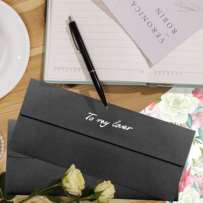 50 Pack Black #10 Business Envelopes, Standard Envelopes Self Seal, 4 1/8 x 9 1/2 Inch Letter Size Business Mailing Envelopes for Checks Invoices Statements Baby Shower Wedding Birthday Graduation