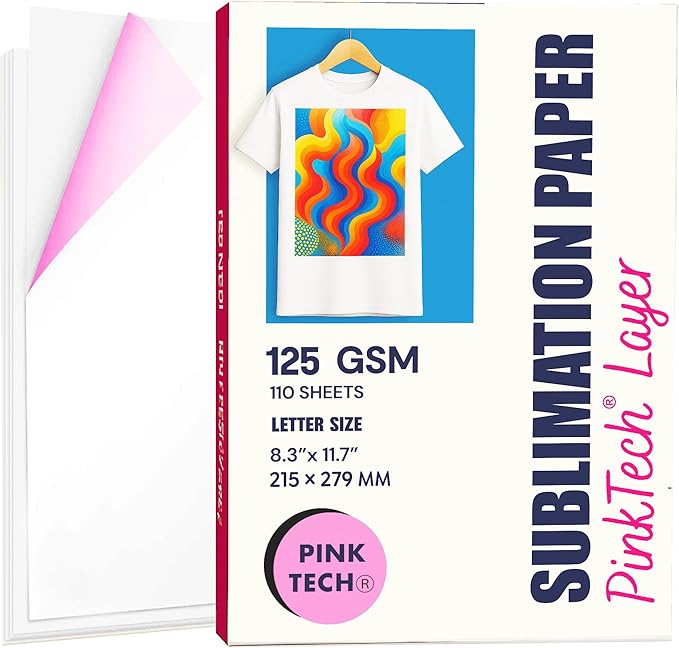 Hayes PinkTech Sublimation Paper 8.5x11 Inch 110 Sheets 125gsm for Inkjet Printer Epson Canon Sawgrass Heat Transfer Paper Works with Sublimation Ink for T-Shirts Mugs Tumblers Sublimation Blanks