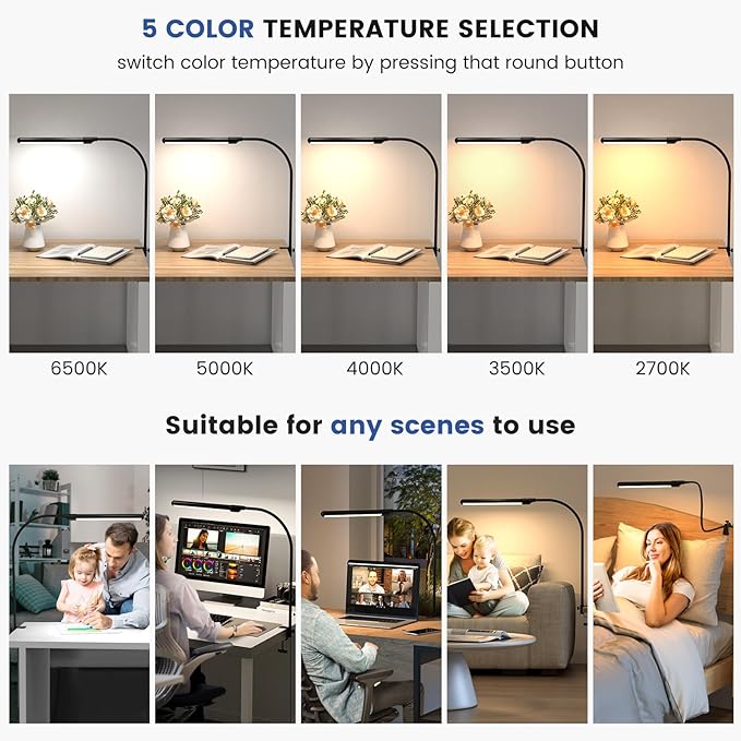 MYPLUS LED Desk Lamp with Hand Wave Sensor, 5 Color Temperatures 2700K-6500K, Touchless Dimming, 360° Adjustable Gooseneck, Clamp Table Lamp, 110V