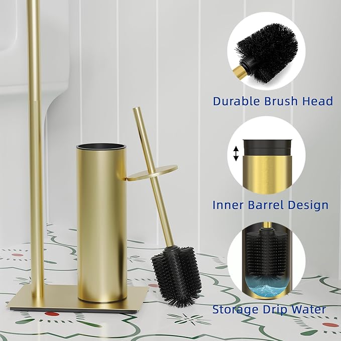 RUACQ Toilet Paper Holder Stand with Toilet Brush and Holder Set, 304 Stainless Steel Bathroom Toilet Tissue Paper Roll Holder Free Standing, Weighted Base, Heavy Duty (Brushed Gold)