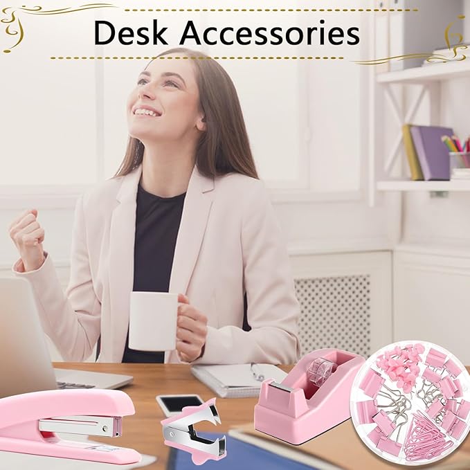 Office Supplies,Desk Accessories, Stapler and Tape Dispenser Set for Women with Stapler, Tape Dispenser, Staple Remover, Staples, Clips, Scissor and Tabs,Gift for Students, Coworkers