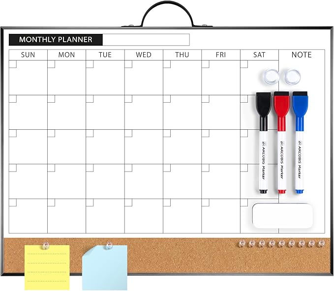 ARCOBIS Calendar Whiteboard Cork Board Combination for Wall, 12"x16" Double-Sided Monthly Dry Erase Calendar, Magnetic White Board for Planning, Office, School, Home, Black