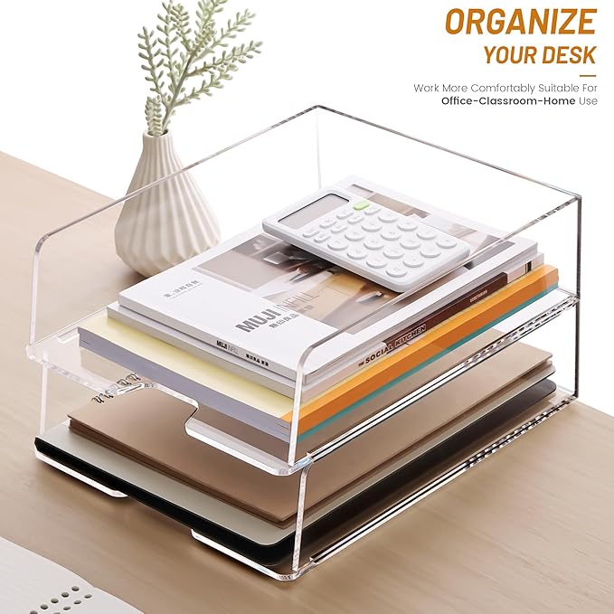 Enlarged Letter Paper Tray - Clear Acrylic Desk Organizers for Document Organization and File Storage - Stackable Office Accessories - 2 Pack (Large Tray V)