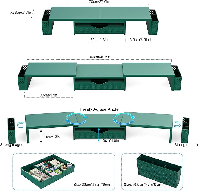 Spacrea Metal Desk Organizers and Accessories, Dual Monitor Stand Riser with Drawer and 2 Pen Holders, Desk Accessories & Workspace Desktop Organizers for Office Supplies (Dark Gree)