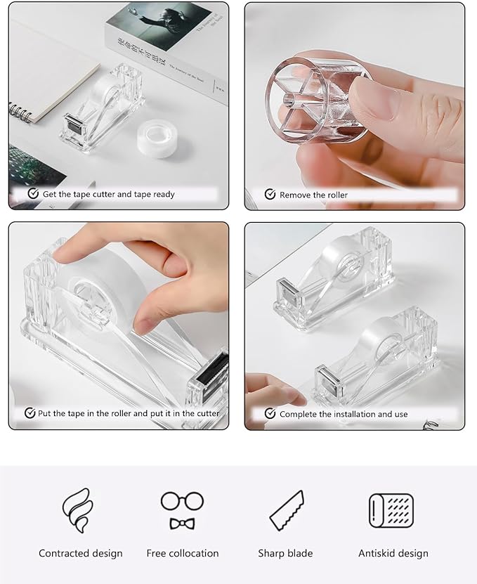 2-Piece Acrylic Tape Dispenser Desk - Durable, Stylish, and Versatile for Home, Office, or School - Fits Standard Tape Rolls - Desktop Convenience for Easy Organization（Silvery）