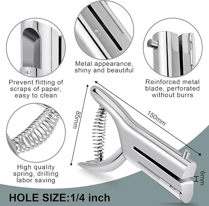 Heavy Duty Hole Punch Single One Hole Puncher Paper Hole Punch Long Reach Reduced Effort 2 Inch Deep Throat Hand Alloy Punch for ID PVC Cards 5 Inch Tall 25 Sheet Capacity(1 Pc,1/4 Inch Hole)