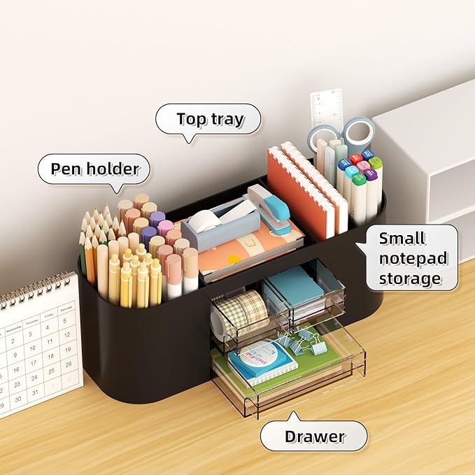 Marbrasse Desk Organizer Pen Holder with 3 Drawers, Multi-Functional Pencil Holder,Desk Organizers and Accessories with 7 Compartments for Home, School, Classroom (Black)