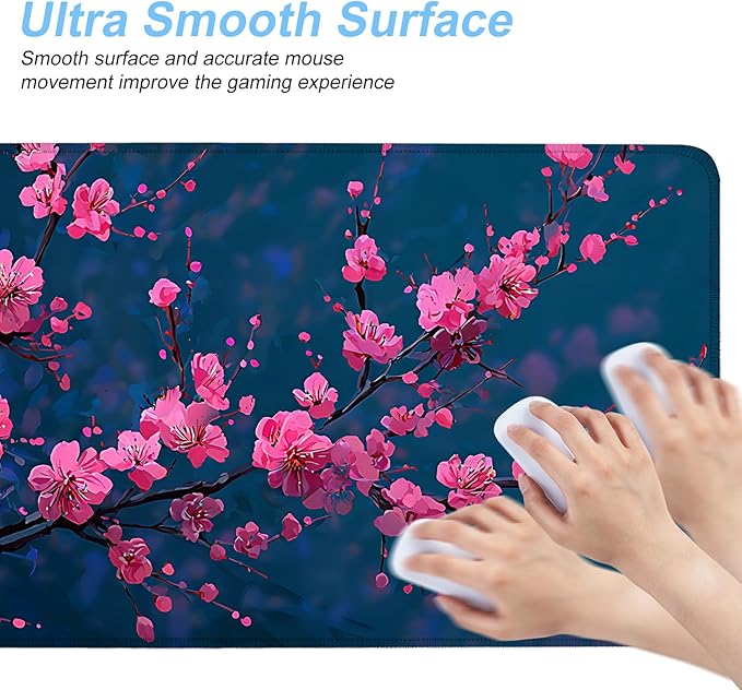 Elegant Cherry Blossom Mouse Pad – 31.5" x 11.8" Extended Desk Mat with Pink Peach Blossoms on Deep Blue Background – Large Non-Slip Surface for Home & Office Use