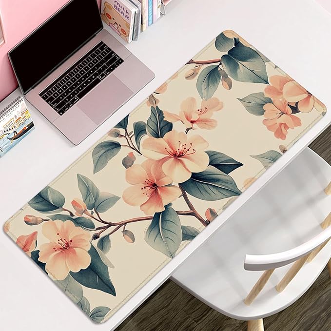 Peach Blossoms Mouse Pad Desk Mat,Floral Mouse Pad Desk Mat,Large PC Mouse Pads Gaming Mousepad with Non-Slip Stitched Edges Rubber Base for Office,Gaming Room,Computer,Keyboard,Laptop