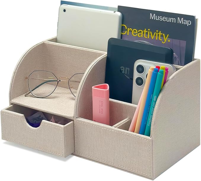 UnionBasic Desk Organizer - Multifunctional Leather Desktop Pen Holder Storage Box - Business Card/Pen/Pencil/Mobile Phone/Stationery Holder, Beige Linen Texture Revised