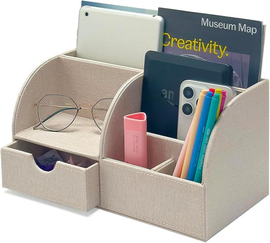 UnionBasic Desk Organizer - Multifunctional Leather Desktop Pen Holder Storage Box - Business Card/Pen/Pencil/Mobile Phone/Stationery Holder, Beige Linen Texture Revised
