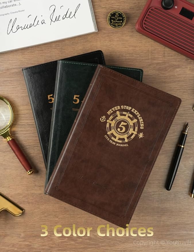 YouthWill Five Year Journal, 5-year Memory Notebook, Daily Journal, Undated Diary, One Line a Day, Soft Cover, Medium, 90gsm paper (Black)