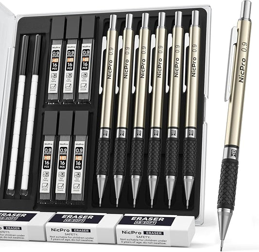 Nicpro 0.9 mm Art Mechanical Pencils Set in Gift Case, 6 PCS Metal Drafting Pencil 0.9mm with 6 Tube HB Lead Refills & 18 PCS Eraser Refills for Adults, Children, Artist Writing, Drawing, Sketching