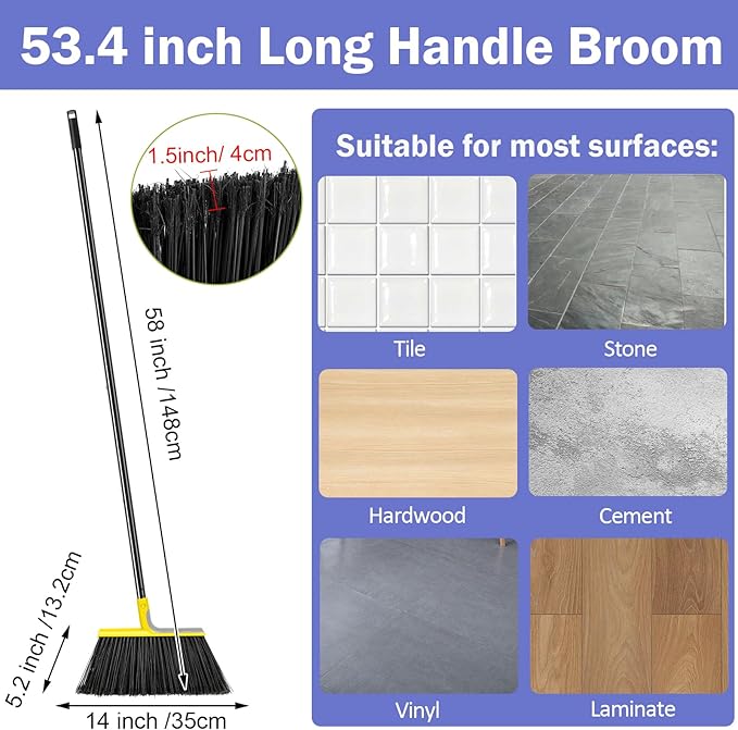 Roshtia 8 Pcs Heavy Duty Broom Set 58 Inch Outdoor Indoor Commercial Stiff Broom With Long Handle Angle Garage Concrete Outside for Sweeping Patio (Yellow)