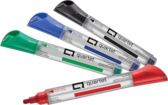 Quartet Glass Board Dry Erase Markers, Premium, Bullet Tip, Assorted Colors, 4 Pack (79552)