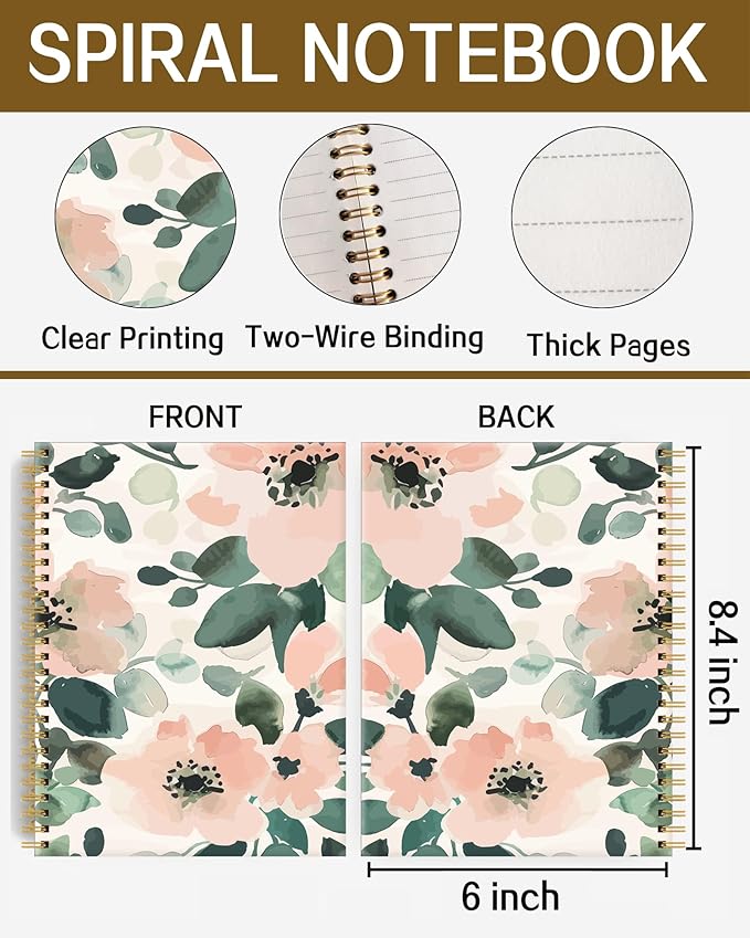 Spiral Notebook A5, Hardcover Journal for Women, 120 Pages Thick College Ruled Paper, Perfect for Office, School, or Home Use(Abstract Flower)
