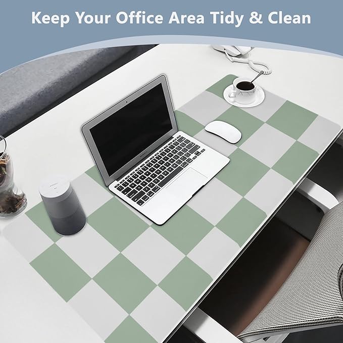 Mouse Pad Desk Mat Leather Desk Pad Large Gaming Desk Cover Protector Mat for Keyboard Computer Laptop Office Waterproof 35.4 x 16.5 Inch Checkered White and Green
