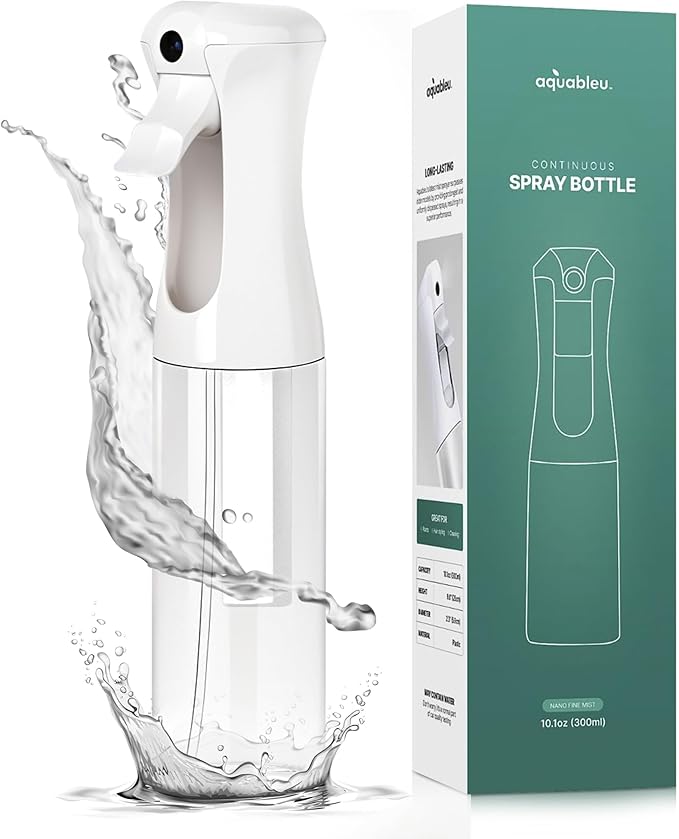 Aquableu Spray Bottle for Hair – Continuous Mist Spray Bottle for Hair Care, Styling, Cleaning, Plants, Pets & Essential Oils (Clear, 10oz)