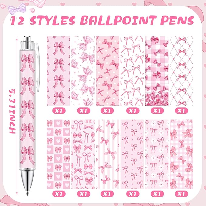 24 Pcs Pink Bow Sticky Notes with Pens Coquette Bow Themed Self Adhesive Notepad Black Ink Ballpoint Pen Office Supplies Coquette Gift for Birthday, Bachelorette, Bridal, Engagement