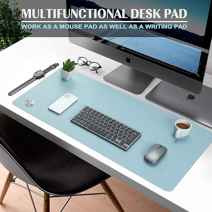 K KNODEL Small Office Leather Desk Mat, Mouse and Keyboard Pad, Computer and Laptop Mat, Desktop Protector and Cover, Writing Pad and Blotter (23.6"x13.8", Light Blue)