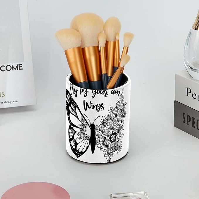 Black and White Butterfly Flowers Pen Holder, PVC Leather Pencil Holder for Desk, Pencil Cup Pot Desk Organizer and Accessories Makeup Brush Holder for Office, School, Home, Art Supply