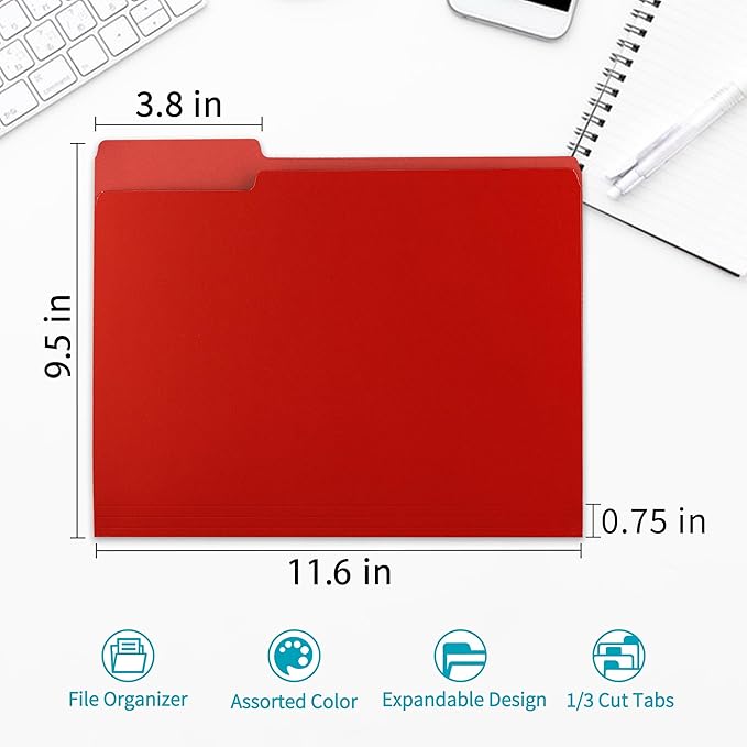 Two-Tone File Folder 8.5 x 11 Inch,36 Pack Red File Folders,1/3 Cut Tabs File Folder Letter Size,Colored File Folders,Manila File Folders for Office,School and Home,Organization