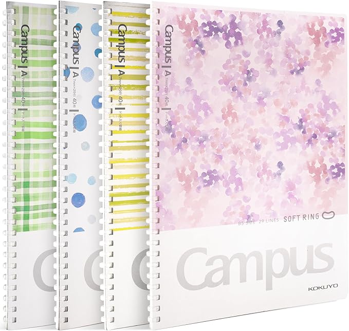 Kokuyo Spiral Notebook Journal, 4 Pack Campus B5 Soft Ring Notebooks with Dotted A 7mm Rule, 40 Sheets, Aesthetic 1 Subject Notebook in Blue Pink Yellow Green, College Office Note Taking. Japan Import