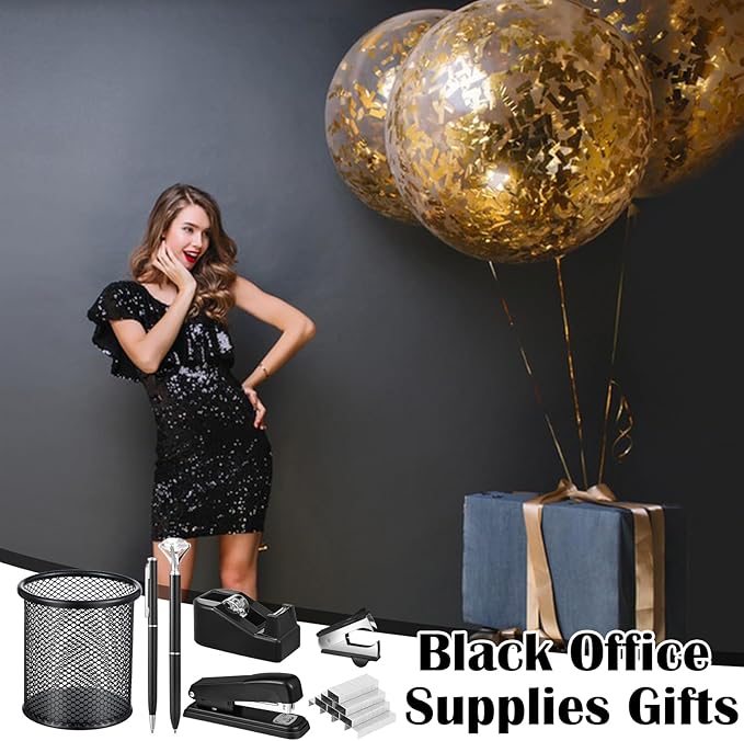 13 in 1 Black Desk Accessories, Black Office Supplies for Men Wome with Stapler and Tape Dispenser Set, Tape, 1000 Staples, Staple Remover, Scissors, Pen, Pen Holder, Tabs, Ruler, Clips Set