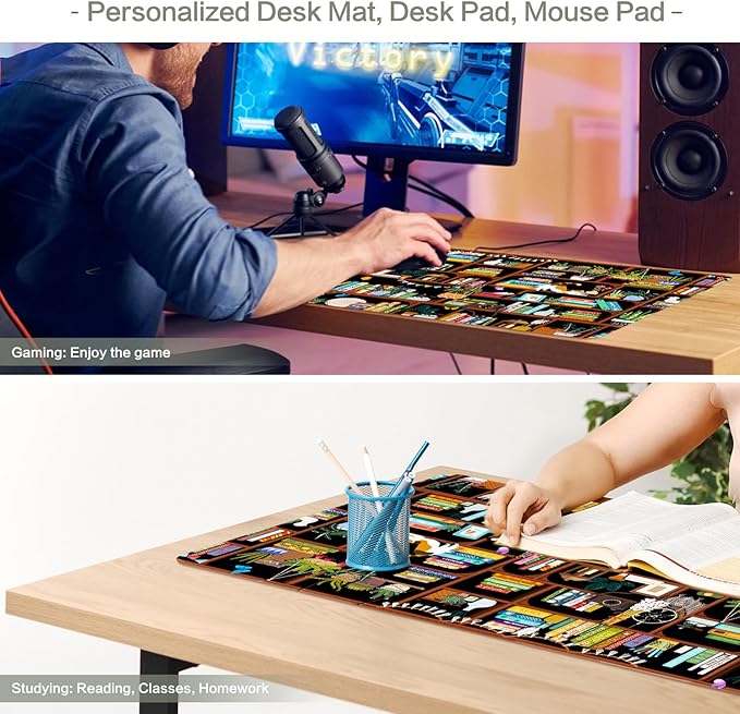 Vimorco Desk Mat Mouse Pad Cozy Cats, Cute Cat XXL Extended Large Gaming Desk Pad Mousepad, Computer Laptop Keyboard Mouse Mat for Work/Game/Office/Home 31.5x15.7 in, Bookshelf Greenery