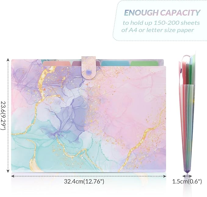 SKYDUE Expanding File Folder with 5 Pockets, Cute Accordion File Organizer, Letter Size Filing Folder, Letter Size Folders for Documents, School Office Supplies Marble Pink