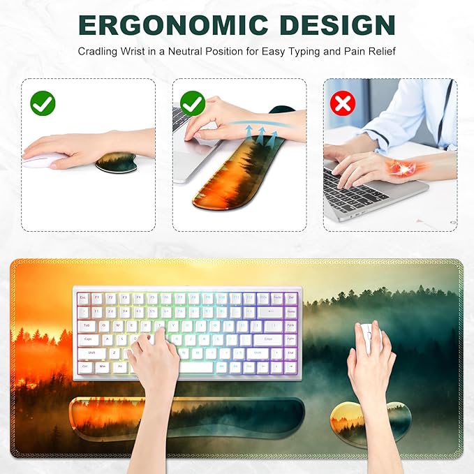 Keyboard Mouse Pad Set, Extended Gaming Mouse Pad +Keyboard Wrist Support +Mouse Wrist Rest +Coaster, 35.4x15.7 in XXL Large Ergonomic Desk Mat 4in1 Set for Home Office, Sunset Misty Forest